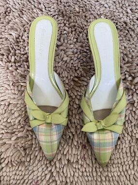 Etienne Aigner Pastel Plaid Pointed-Toe Mules with Lime Bow